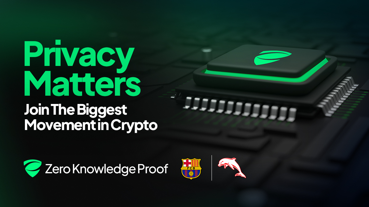ZKP Blockchain banner with Zero Knowledge Proof logo, green digital network background, and FC Barcelona and Dolphins branding.
