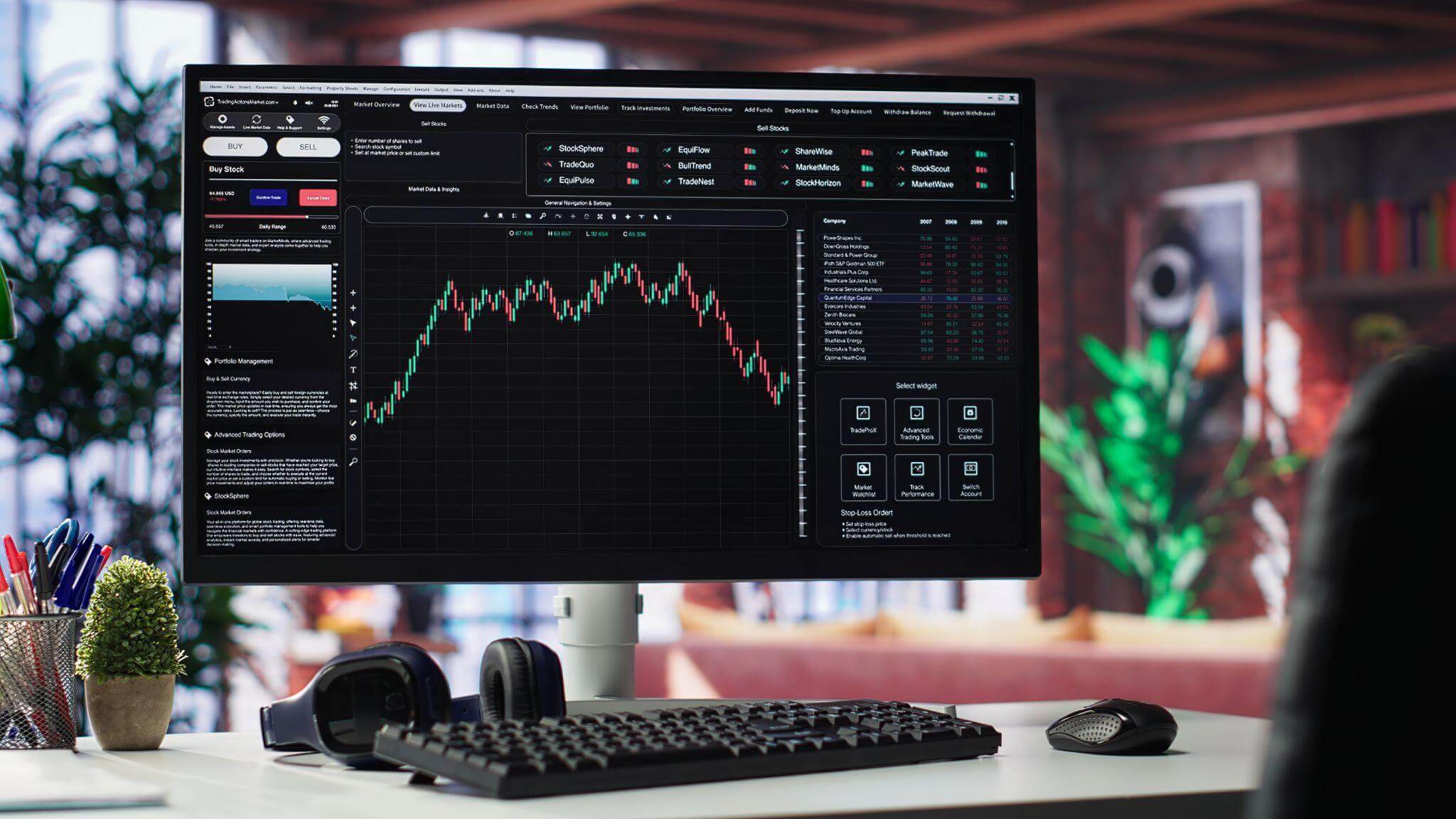computer monitor on a desk displaying crypto market data