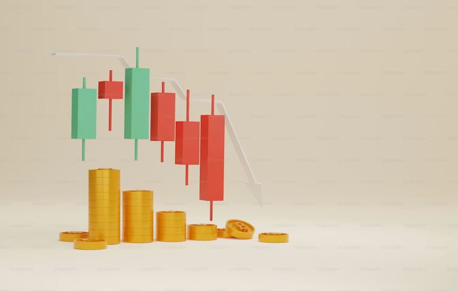 Stack of gold coins next to a chart showing