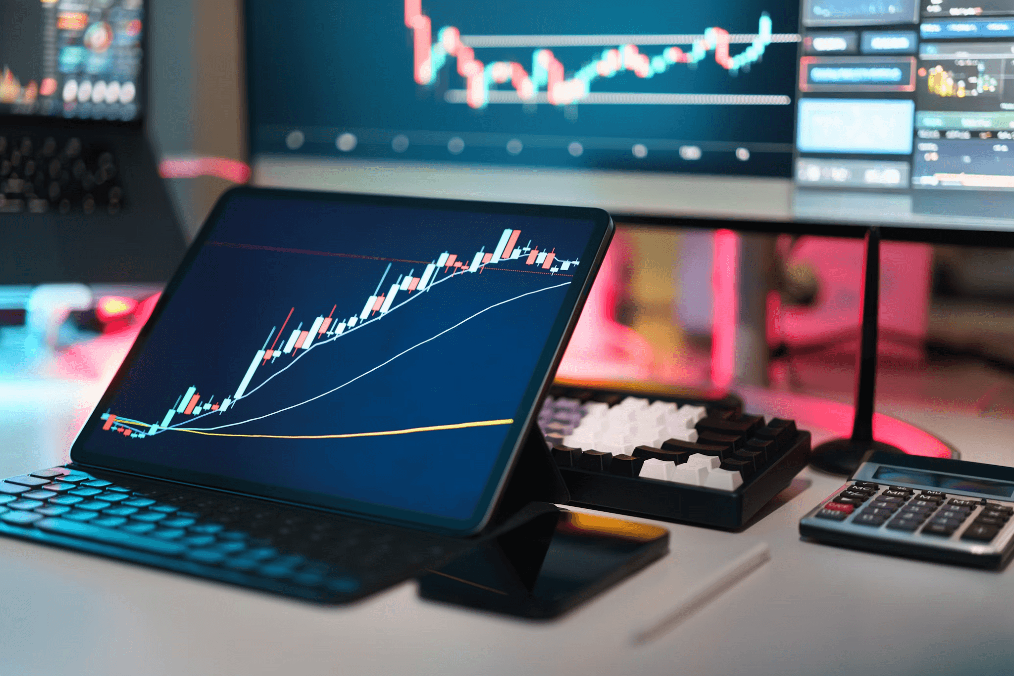 Laptop and calculator on a desk, symbolizing cryptocurrency