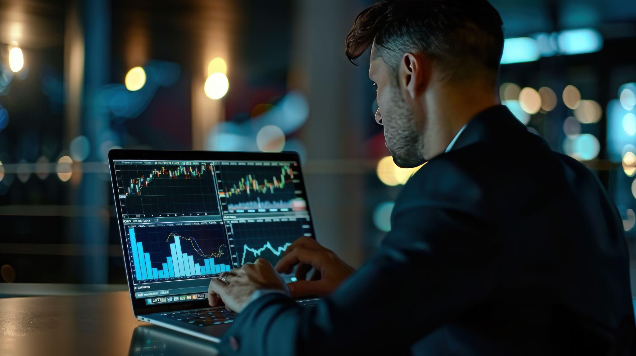 Man analyzing crypto market on laptop