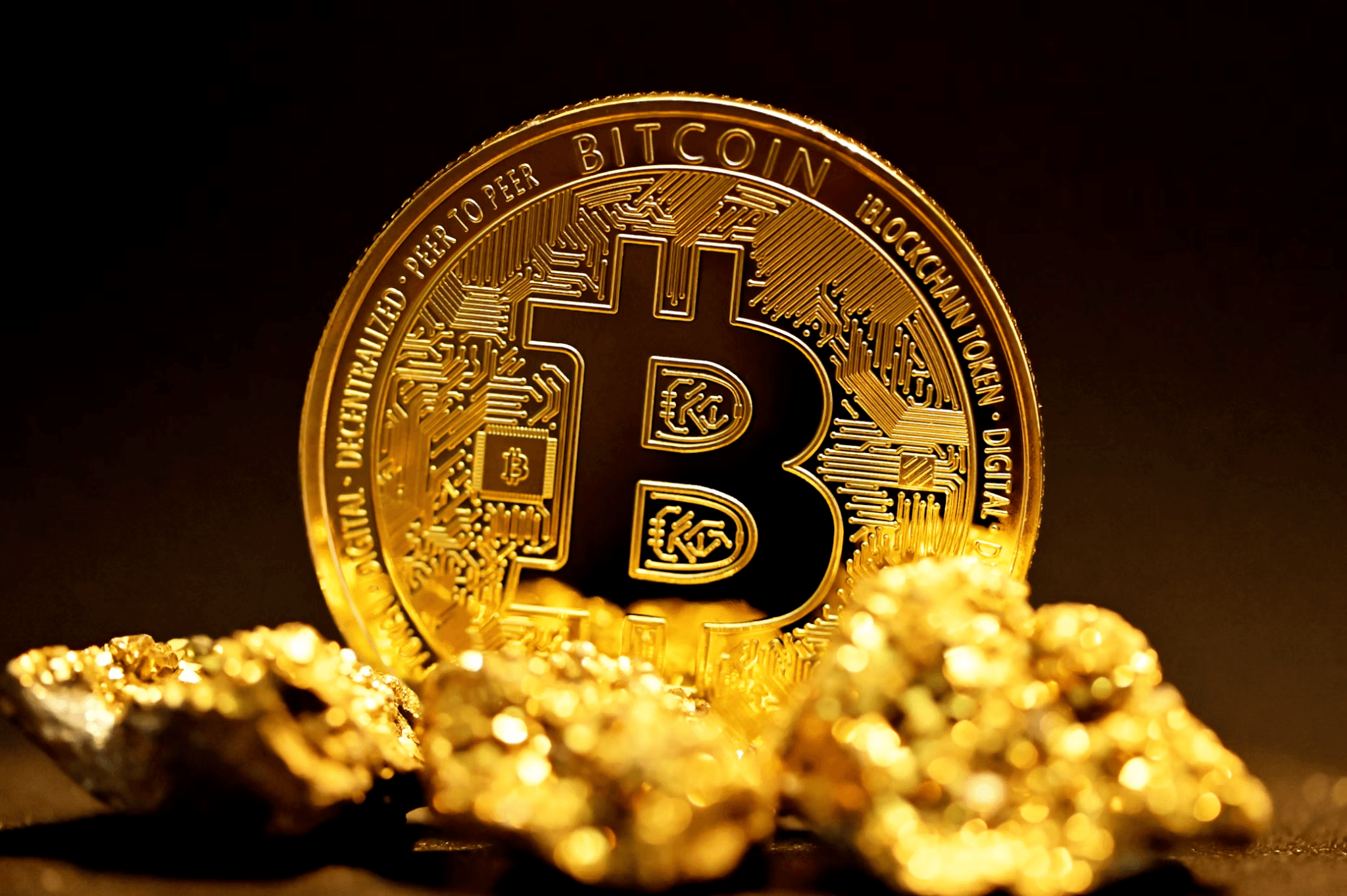 Bitcoin coin on a pile of gold